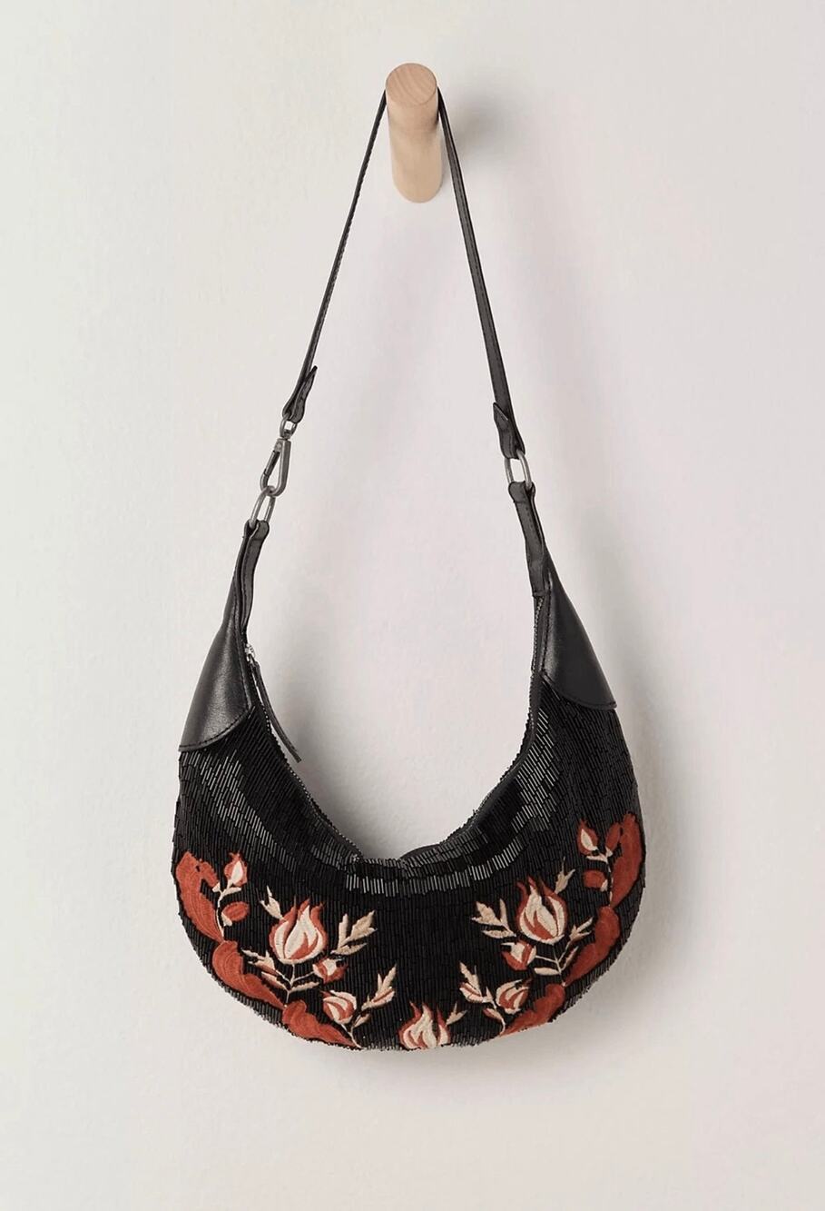 NWT Free People Black Floral Bugle Bead Clutch Shoulder Bag